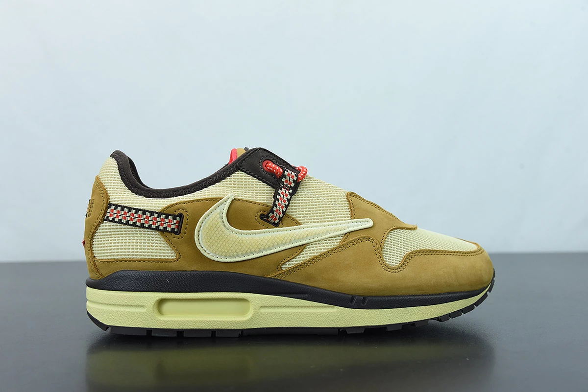 Fit Sporting Goods Travis Scott X Nike Air Max 1 Wheat/Lemon Drop-Baroque Brown-Chile Red For Sale - Image 2