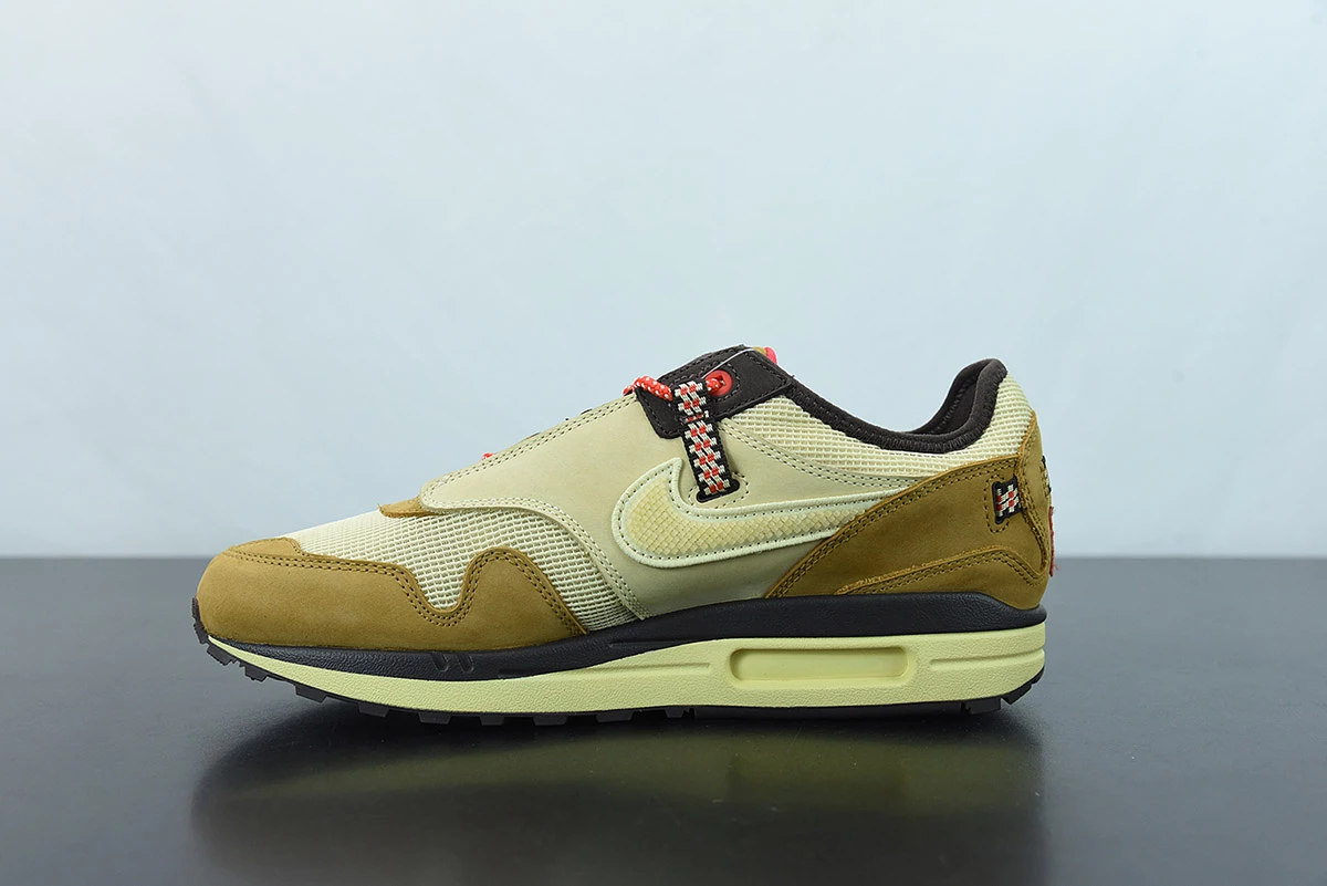 Fit Sporting Goods Travis Scott X Nike Air Max 1 Wheat/Lemon Drop-Baroque Brown-Chile Red For Sale - Image 3