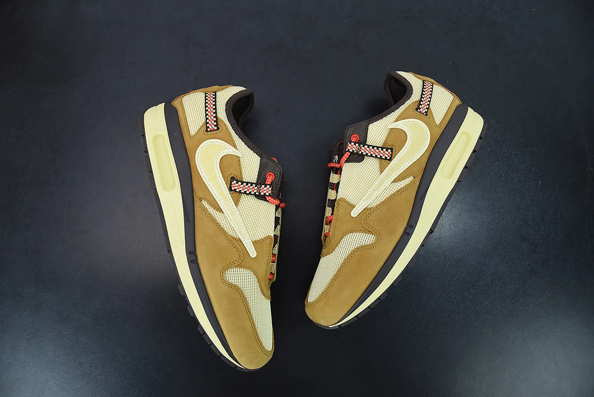 Fit Sporting Goods Travis Scott X Nike Air Max 1 Wheat/Lemon Drop-Baroque Brown-Chile Red For Sale - Image 4