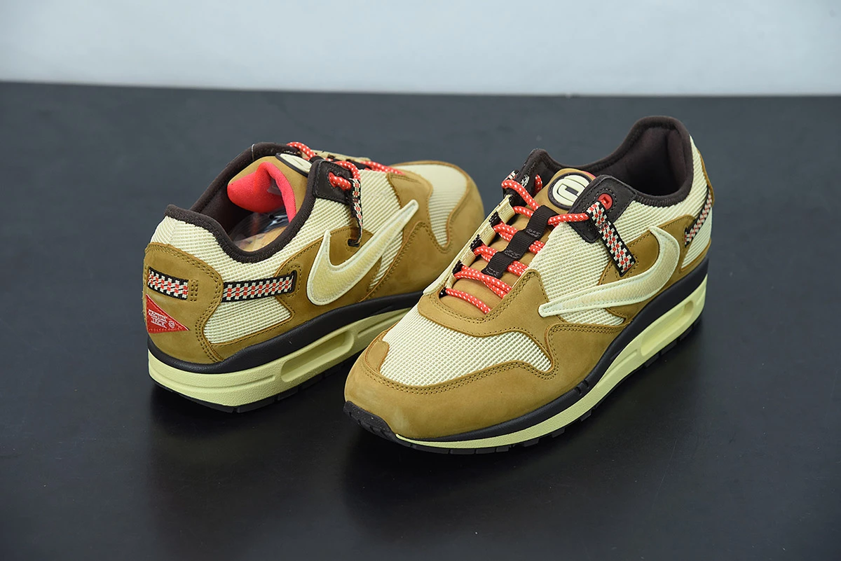 Fit Sporting Goods Travis Scott X Nike Air Max 1 Wheat/Lemon Drop-Baroque Brown-Chile Red For Sale - Image 5