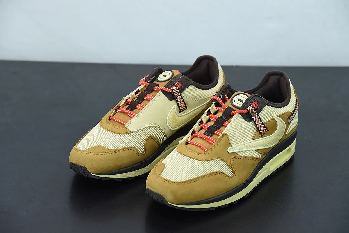 Fit Sporting Goods Travis Scott X Nike Air Max 1 Wheat/Lemon Drop-Baroque Brown-Chile Red For Sale - Image 6