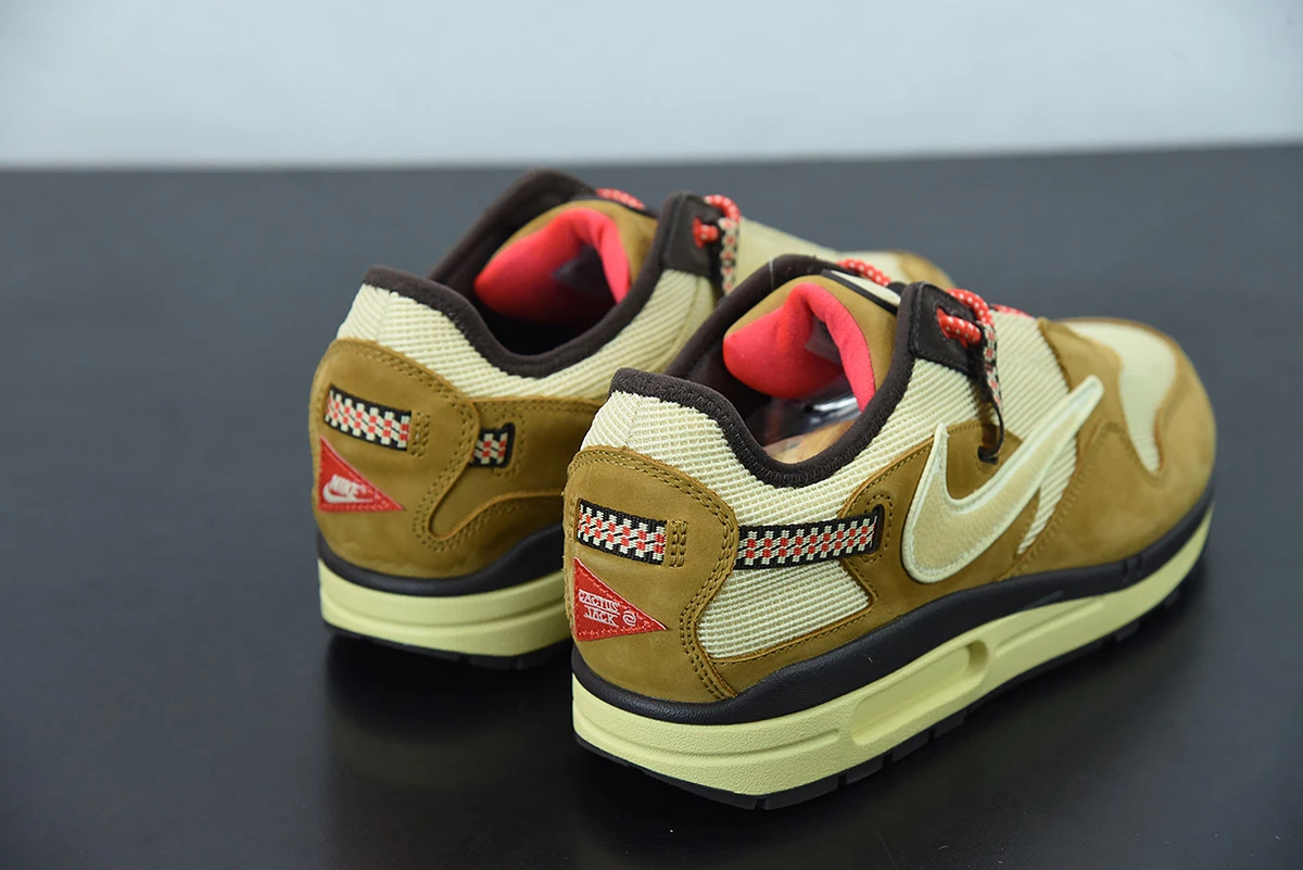 Fit Sporting Goods Travis Scott X Nike Air Max 1 Wheat/Lemon Drop-Baroque Brown-Chile Red For Sale - Image 7