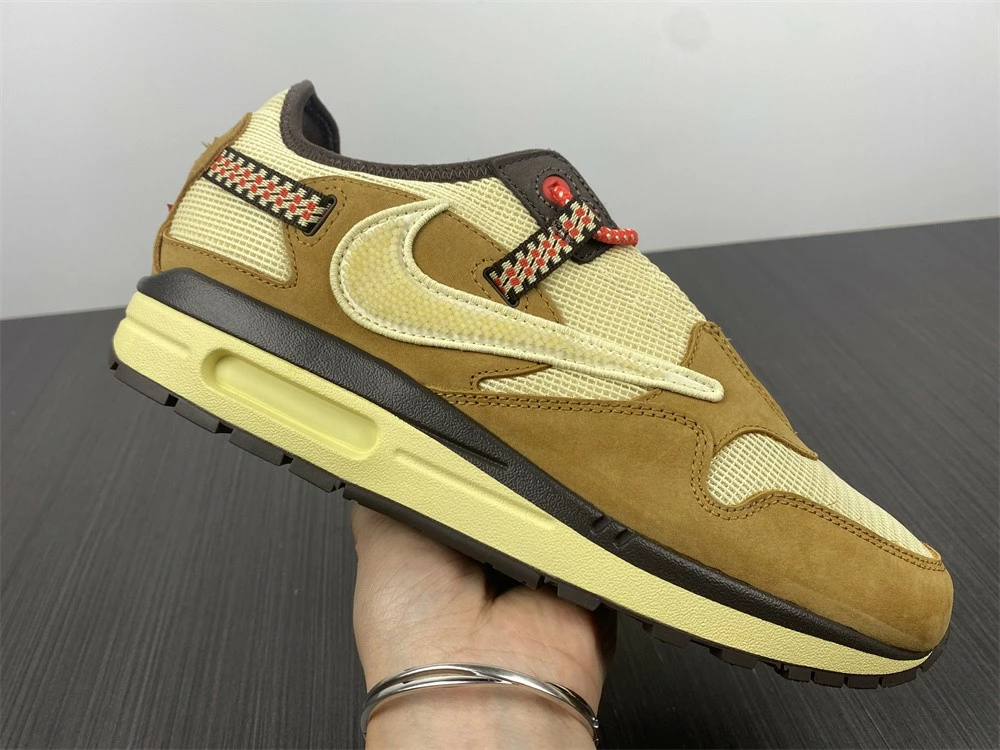 Fit Sporting Goods Travis Scott X Nike Air Max 1 Wheat/Lemon Drop-Baroque Brown-Chile Red For Sale - Image 12