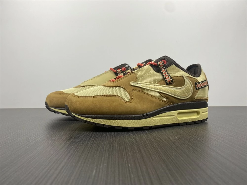 Fit Sporting Goods Travis Scott X Nike Air Max 1 Wheat/Lemon Drop-Baroque Brown-Chile Red For Sale - Image 13