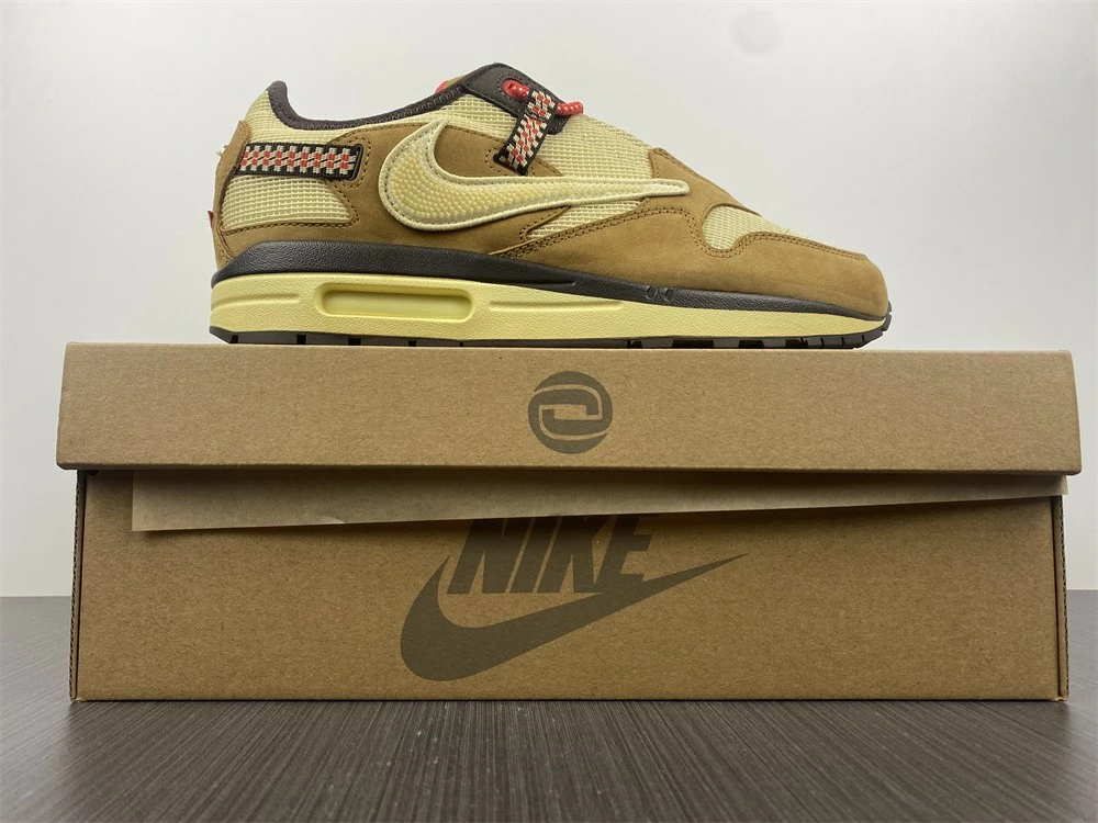 Fit Sporting Goods Travis Scott X Nike Air Max 1 Wheat/Lemon Drop-Baroque Brown-Chile Red For Sale - Image 15