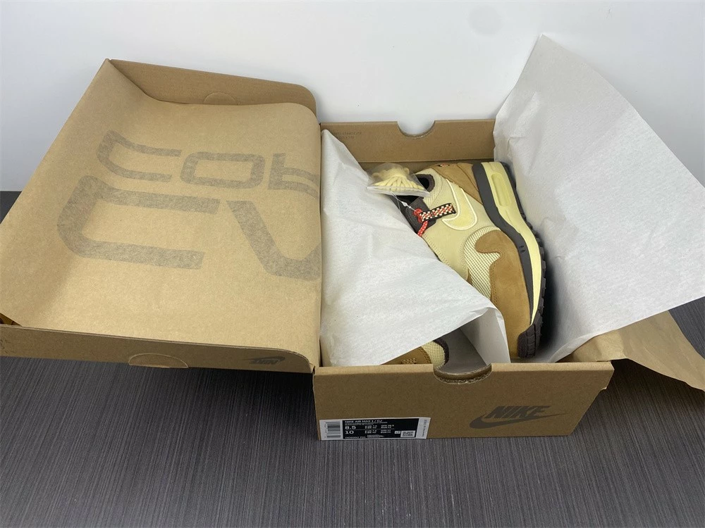 Fit Sporting Goods Travis Scott X Nike Air Max 1 Wheat/Lemon Drop-Baroque Brown-Chile Red For Sale - Image 17