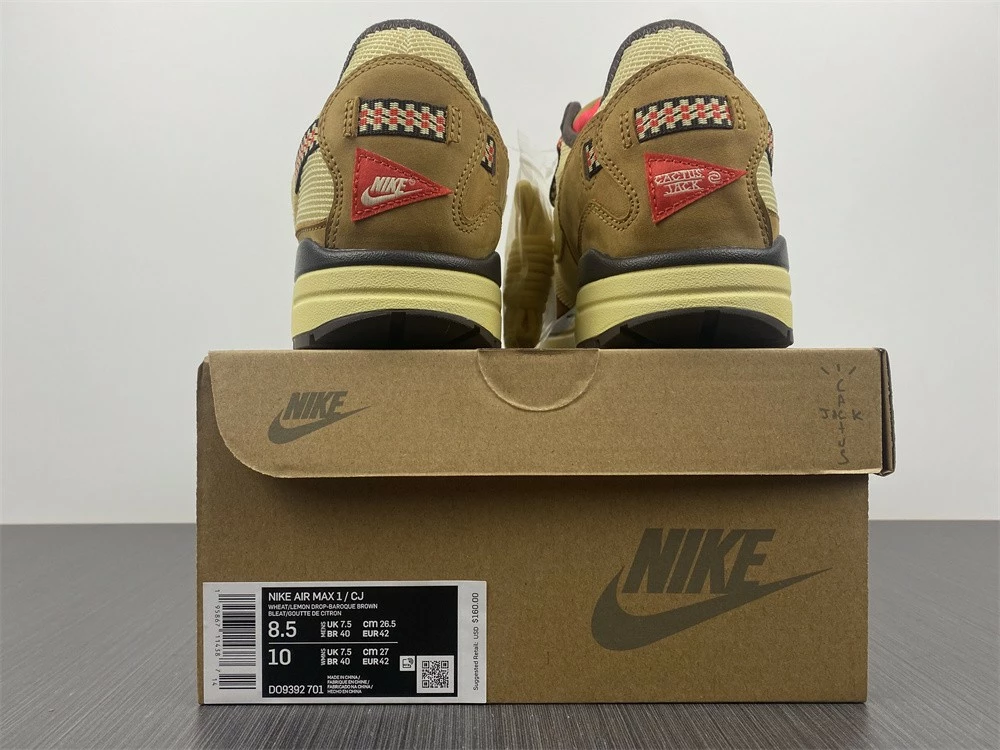 Fit Sporting Goods Travis Scott X Nike Air Max 1 Wheat/Lemon Drop-Baroque Brown-Chile Red For Sale - Image 18