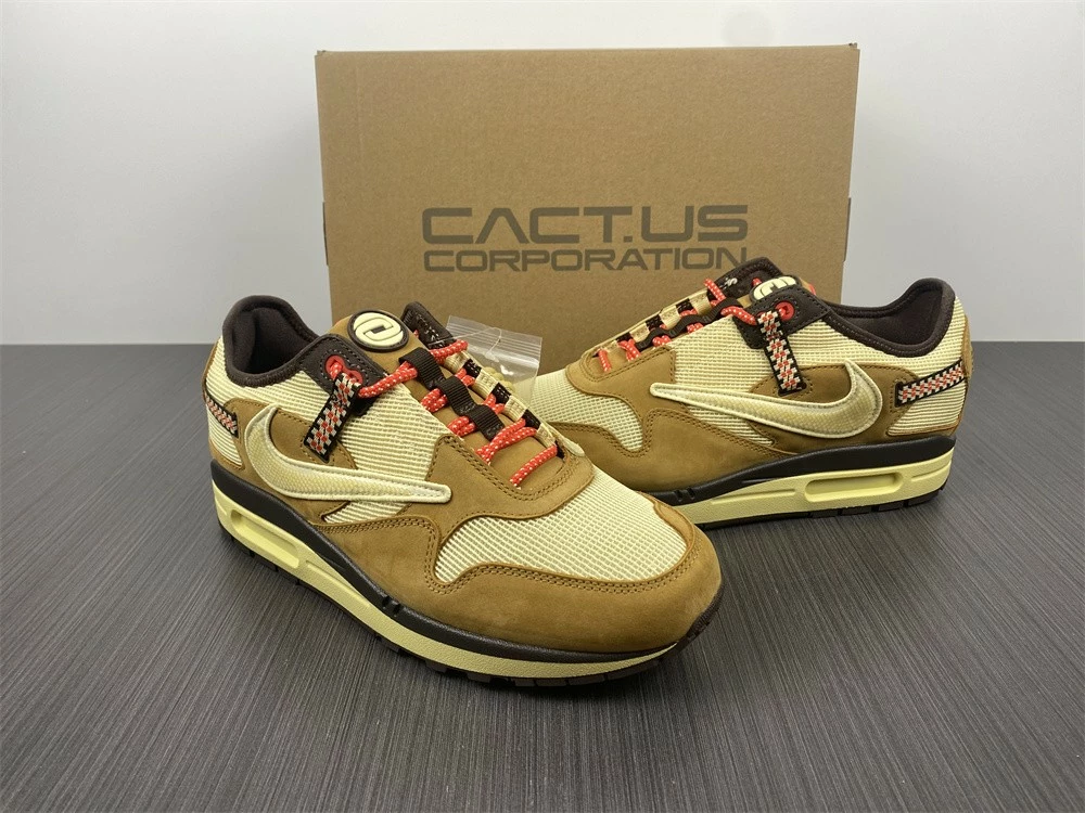 Fit Sporting Goods Travis Scott X Nike Air Max 1 Wheat/Lemon Drop-Baroque Brown-Chile Red For Sale - Image 20