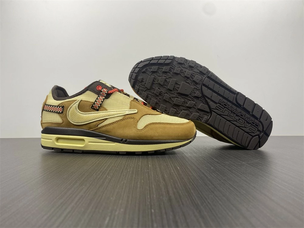 Fit Sporting Goods Travis Scott X Nike Air Max 1 Wheat/Lemon Drop-Baroque Brown-Chile Red For Sale - Image 11
