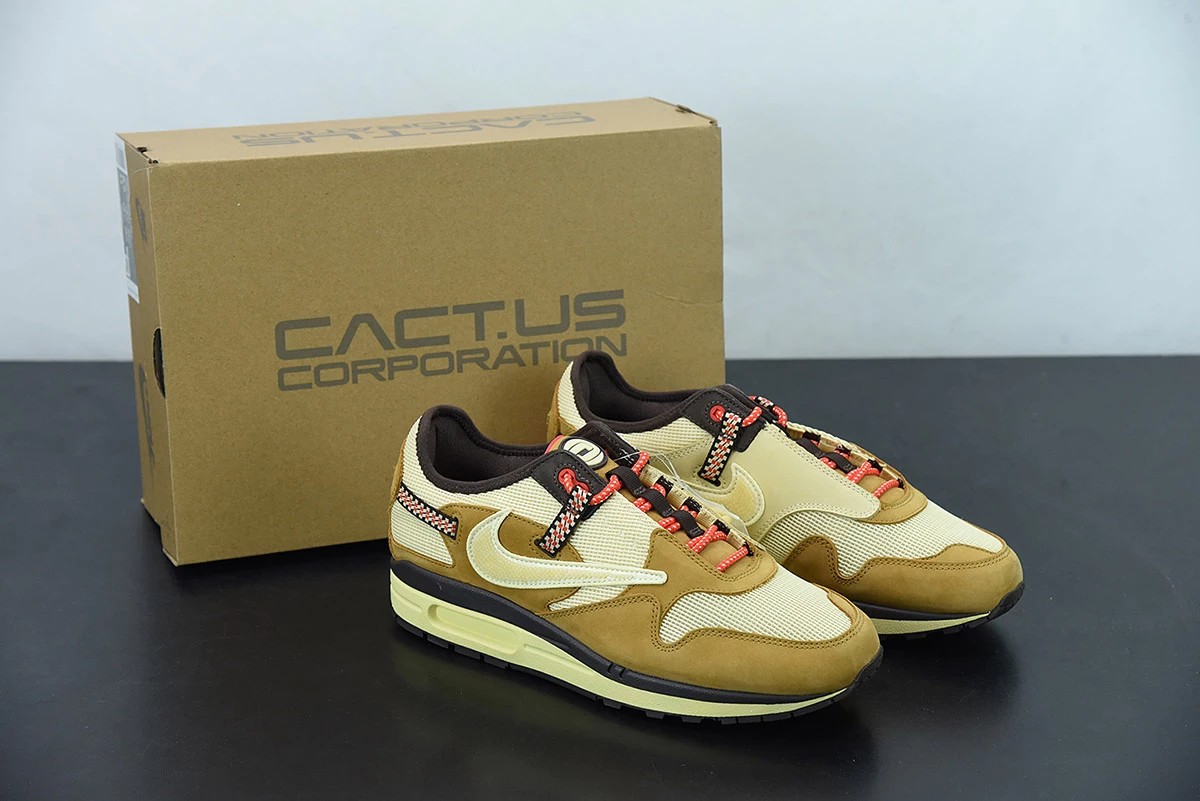 Fit Sporting Goods Travis Scott X Nike Air Max 1 Wheat/Lemon Drop-Baroque Brown-Chile Red For Sale